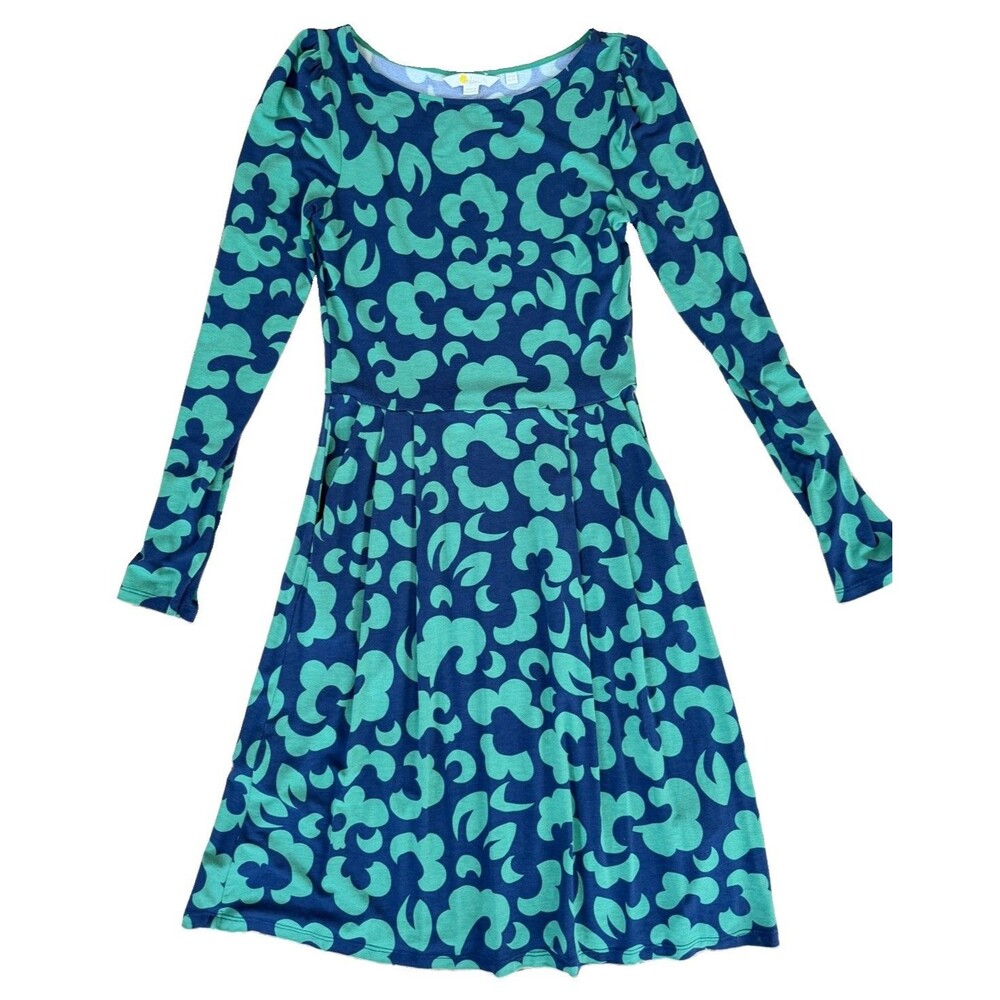Boden Women's Blue Green Floral Print Jersey Midi Dress Long Sleeve US 2R UK 6